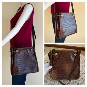 Bally Brown Croc-Embossed Shoulder Bag
